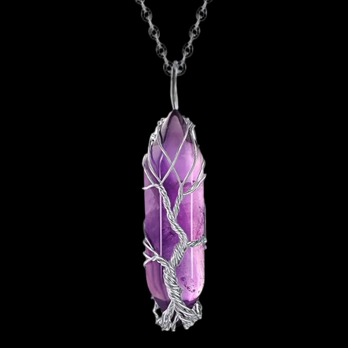 Amethyst Crystal Silver Tree Of Life Pendant Necklace