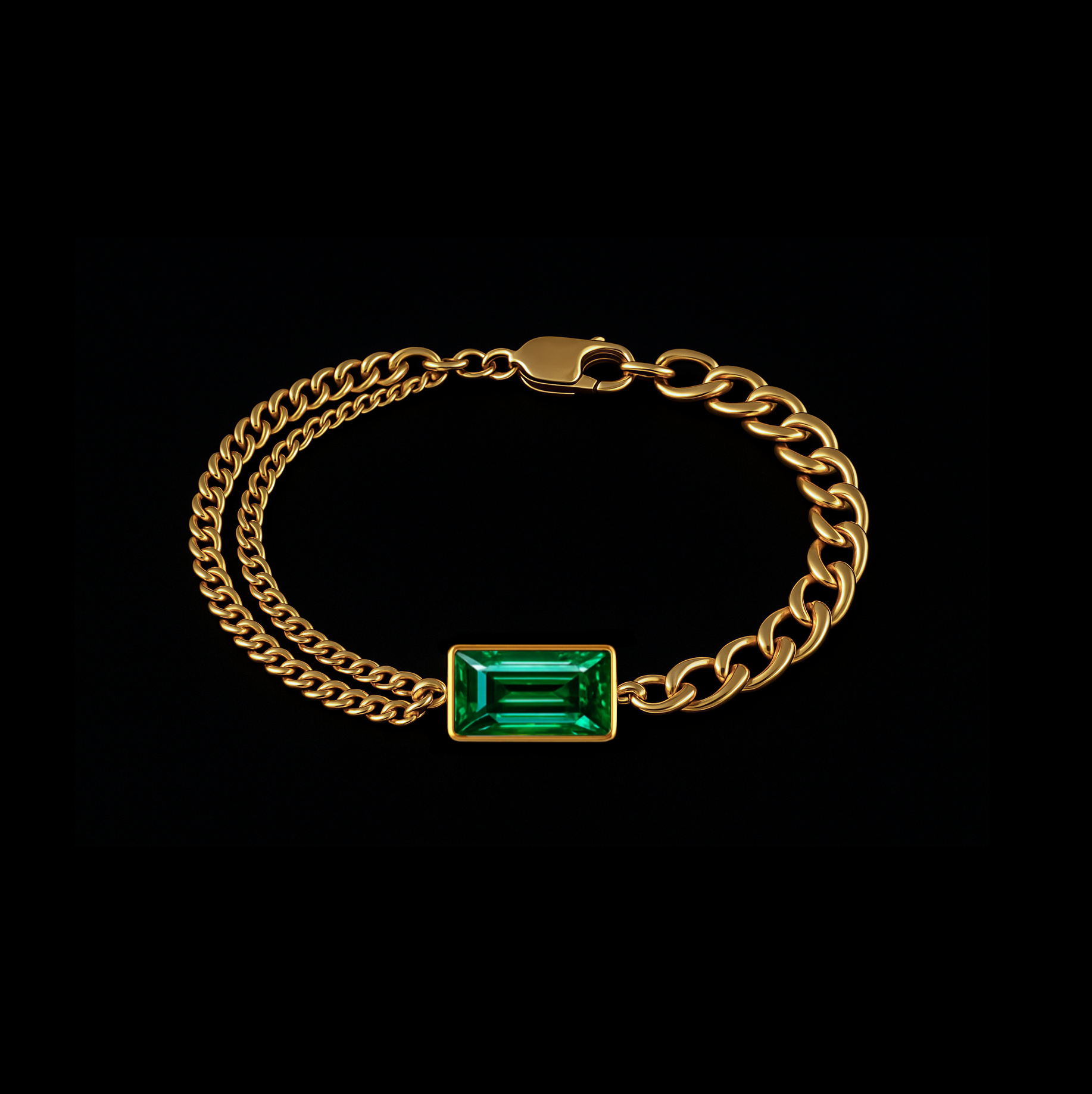 Emerald Cut 18K Gold Curb Chain Bracelet