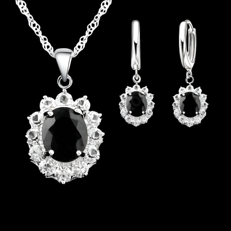 Oval Black Onyx and Moissanite Halo Sterling Silver Set - Necklaces and Earrings