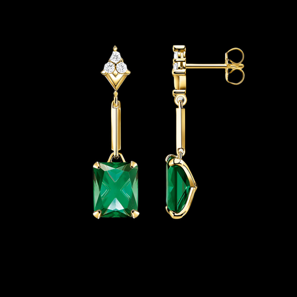 Dangle Radiant Cut Vintage Emerald 18k Gold Earrings