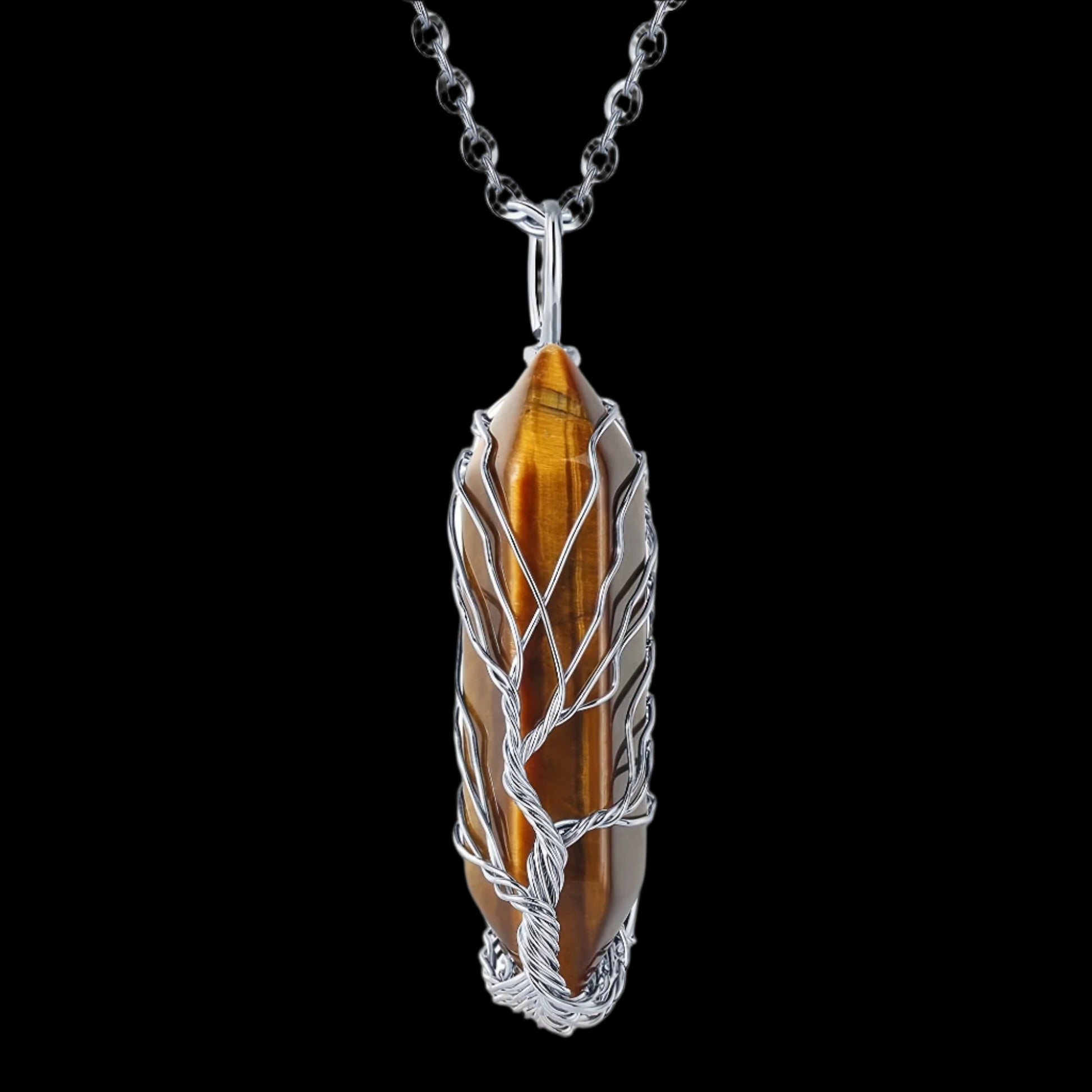 Tigers Eye Crystal Silver Tree Of Life Pendant Necklace