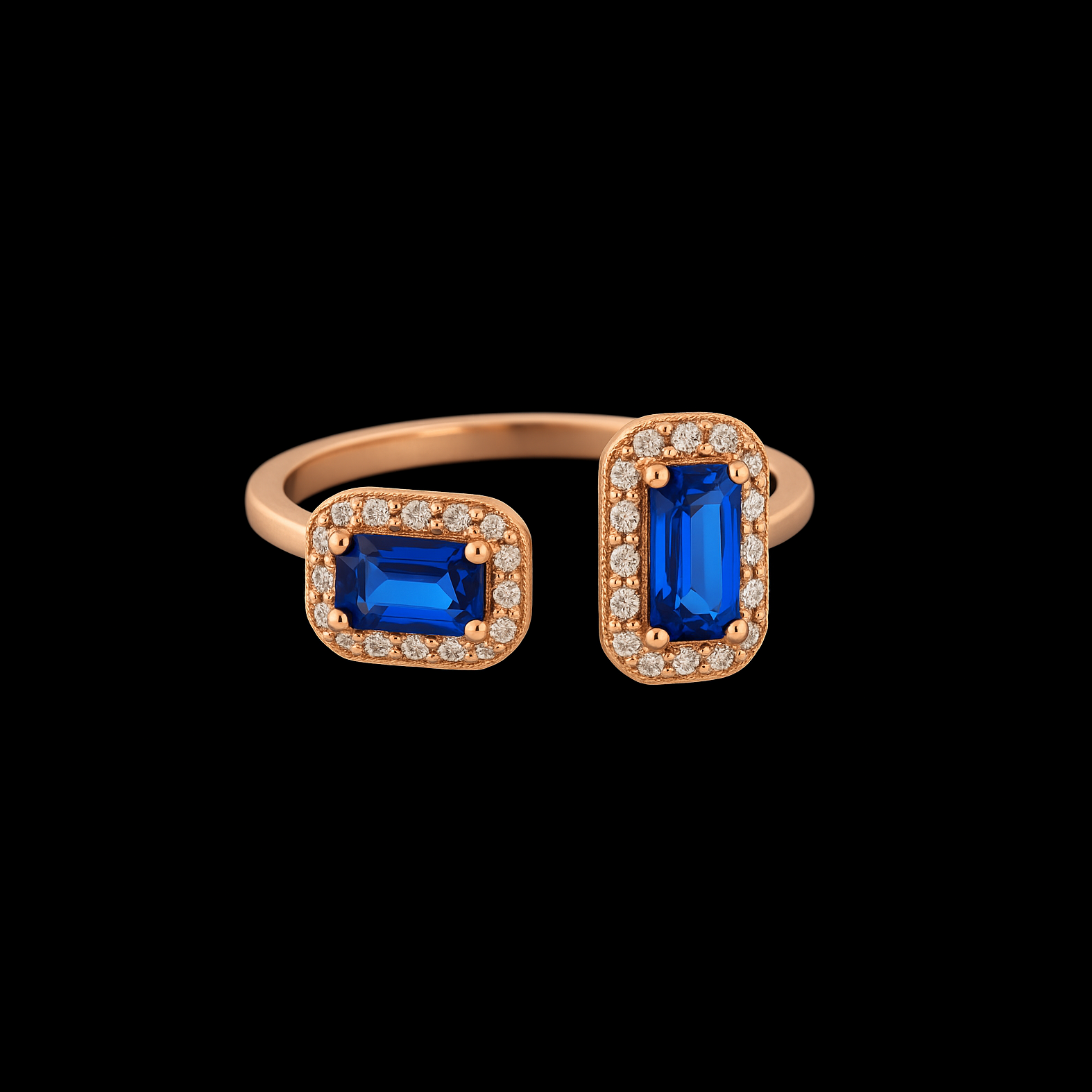 Unique Dual Sapphire Moissanite Halo Rose Gold Ring