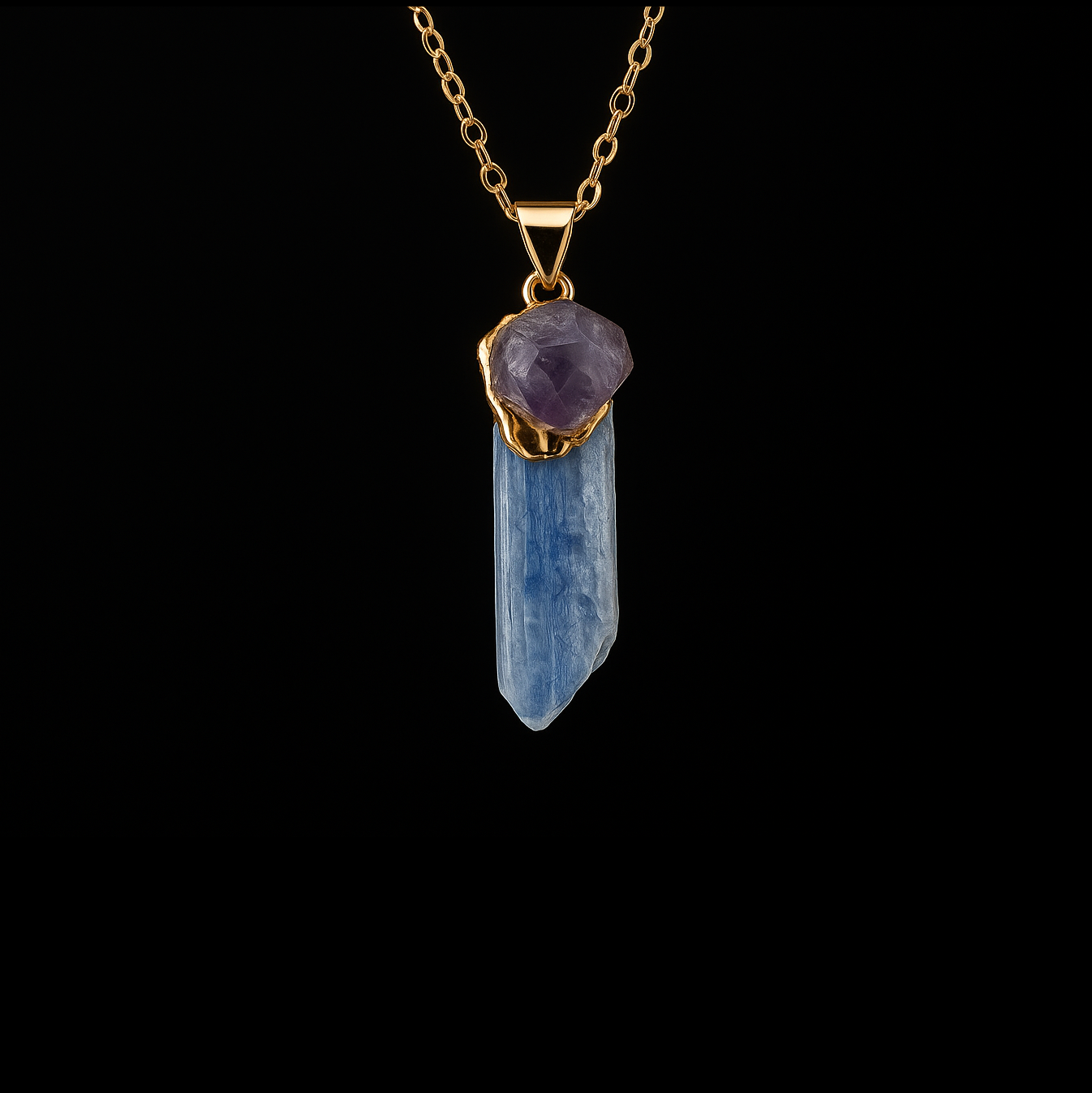 Blue Kyanite and Amethyst Crystal Gold Pendant Necklace