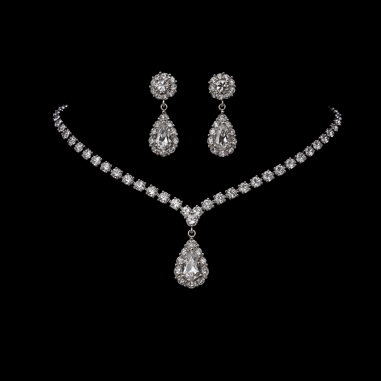 Pear Cut Gemstone Halo Sterling Silver Set - Necklace & Earrings
