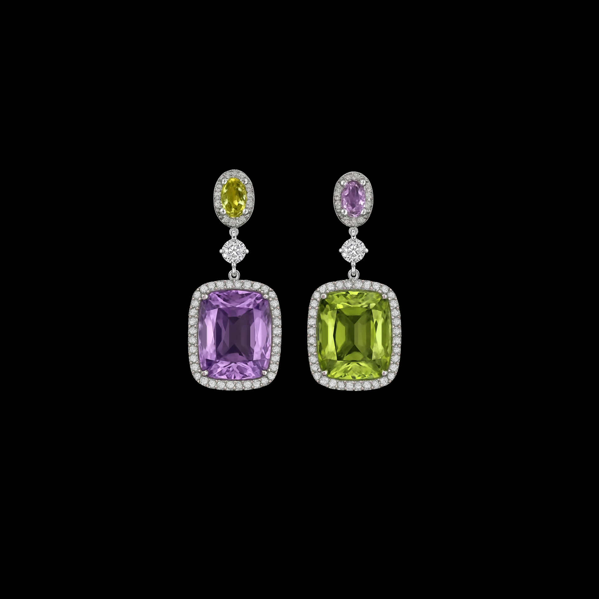 Radiant Cut Purple and Green Halo Dangle Sterling Silver Earrings