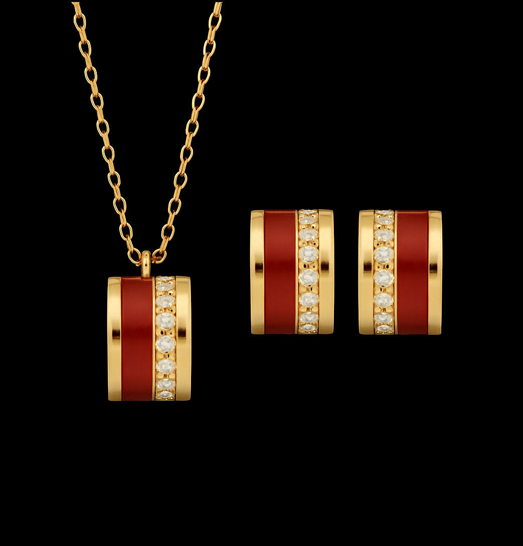 Red Enamel and Diamond Inlay Gold Jewellery Set- Necklace and Earrings