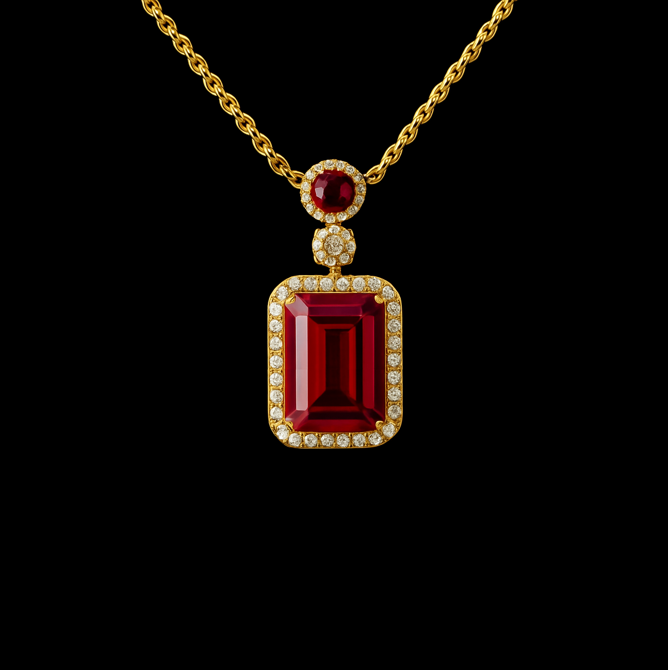 Emerald Cut Ruby and Moissanite Halo and Bail Gold Pendant Necklace