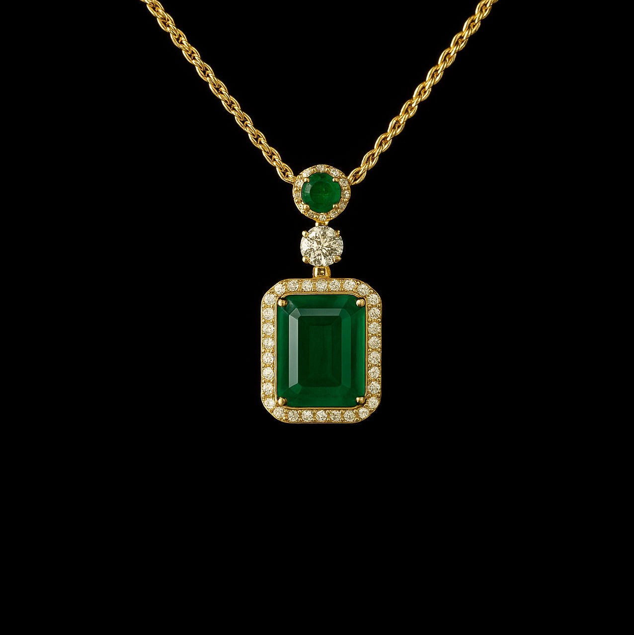 Emerald with Moissanite Halo & Bail Gold Pendant Necklace