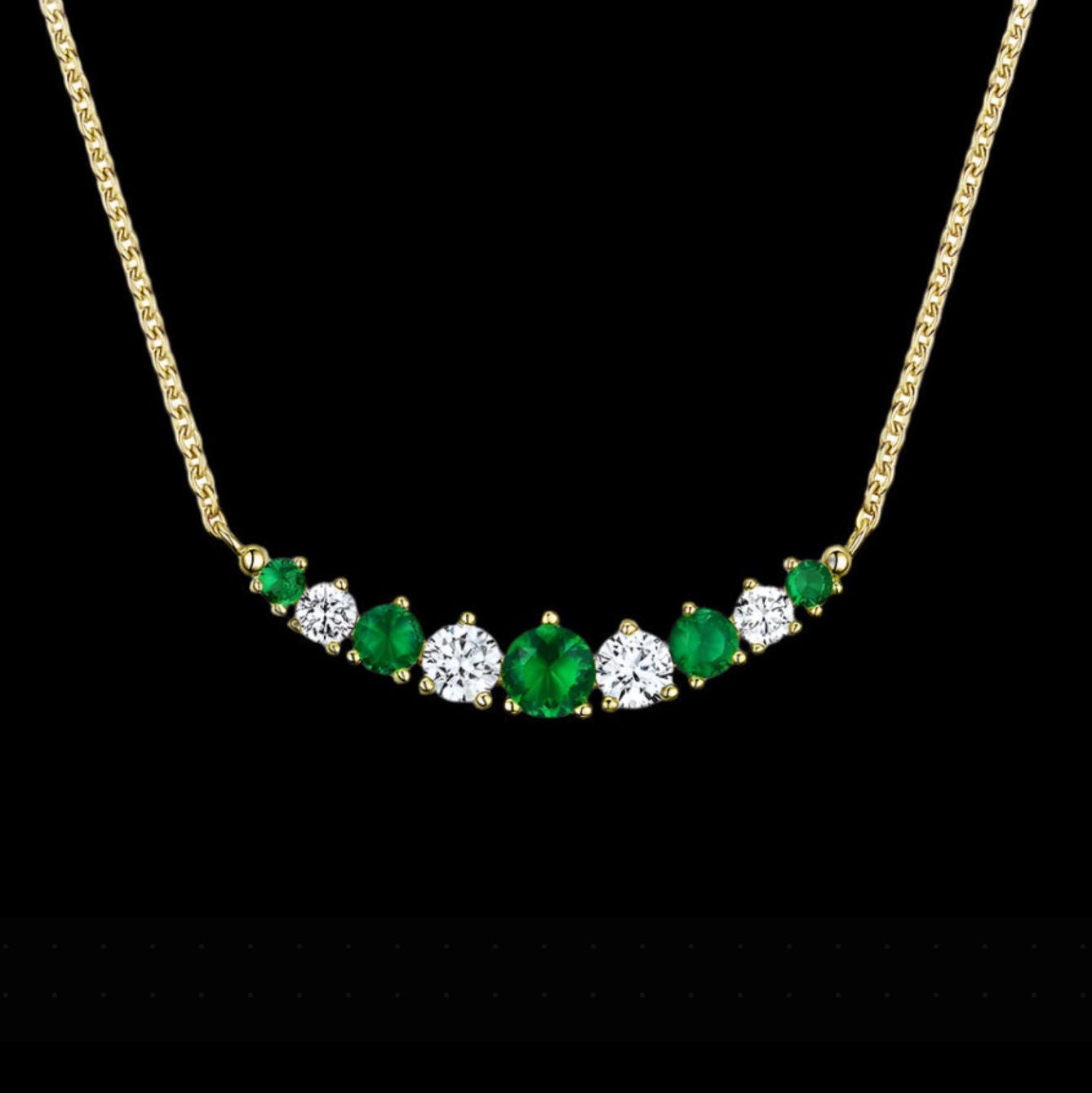 Round Cut Emerald and Moissanite 9 Stone Gold Necklace