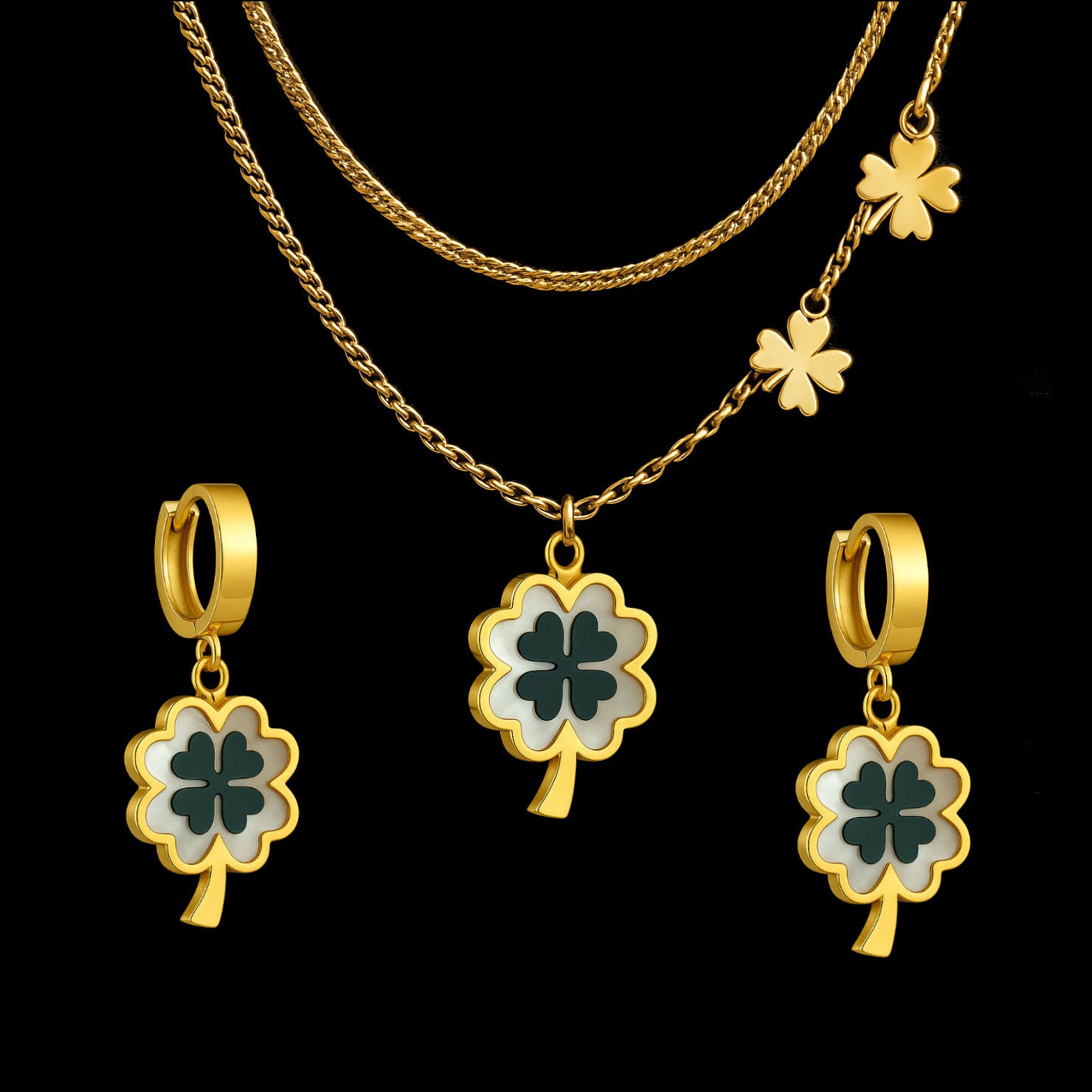Blue Mother of Pearl Four Leaf Clover Set - Earrings and Necklace