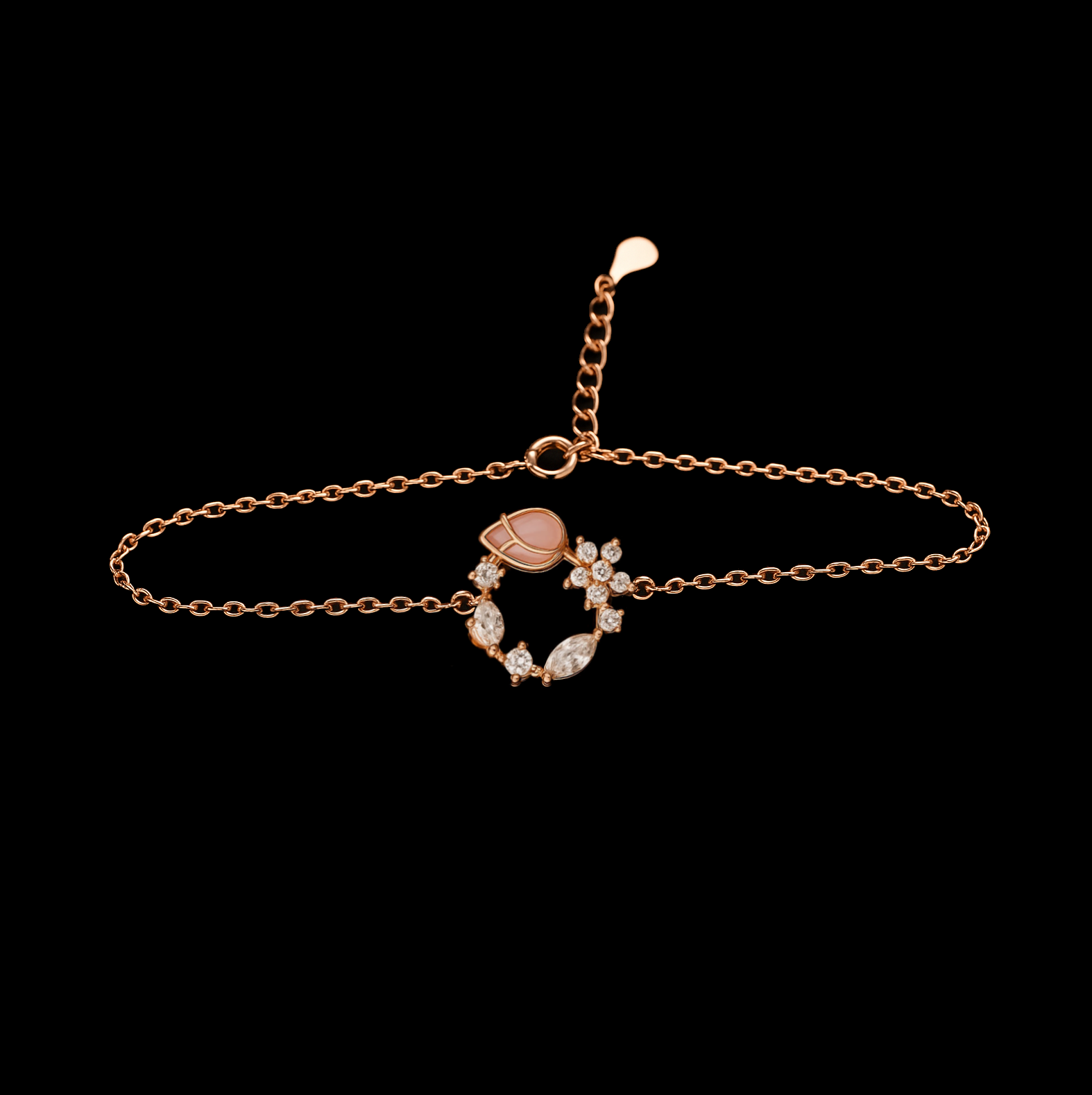 Stunning Pink Amethyst Tulip and Moissanite Floral Rose Gold Bracelet