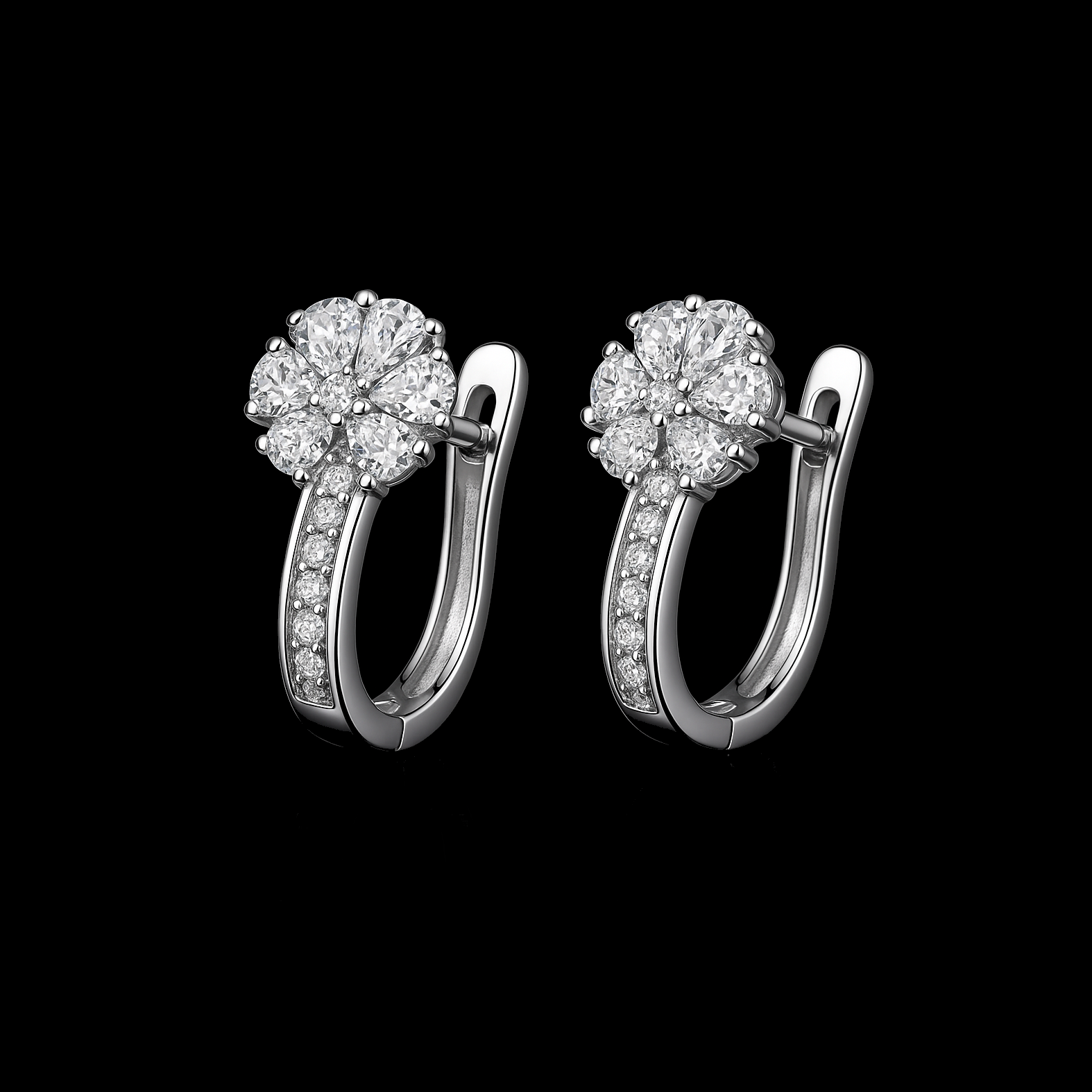 Diamond Flower Sterling Silver Huggie Earrings