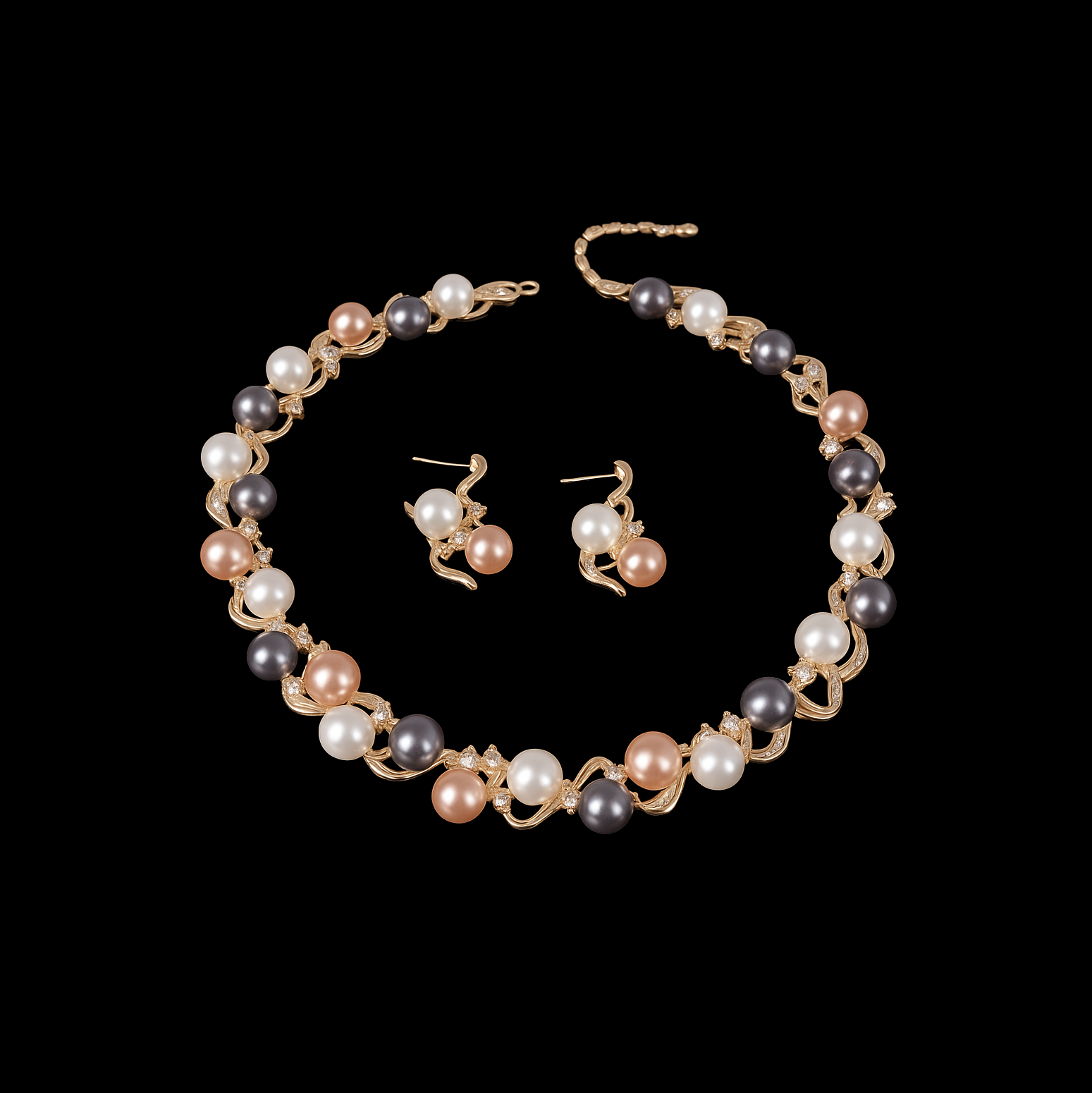 Freshwater White, Golden and Aubergine Pearl and Rhinestone Gold Set - Earrings and Necklace