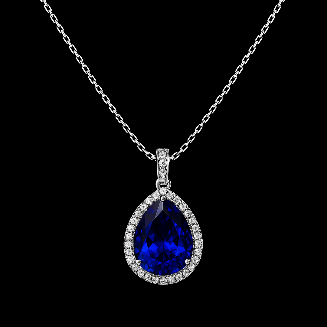 12ct Pear Cut VVS1 Blue Sapphire Halo Pendant Sterling Silver Necklace