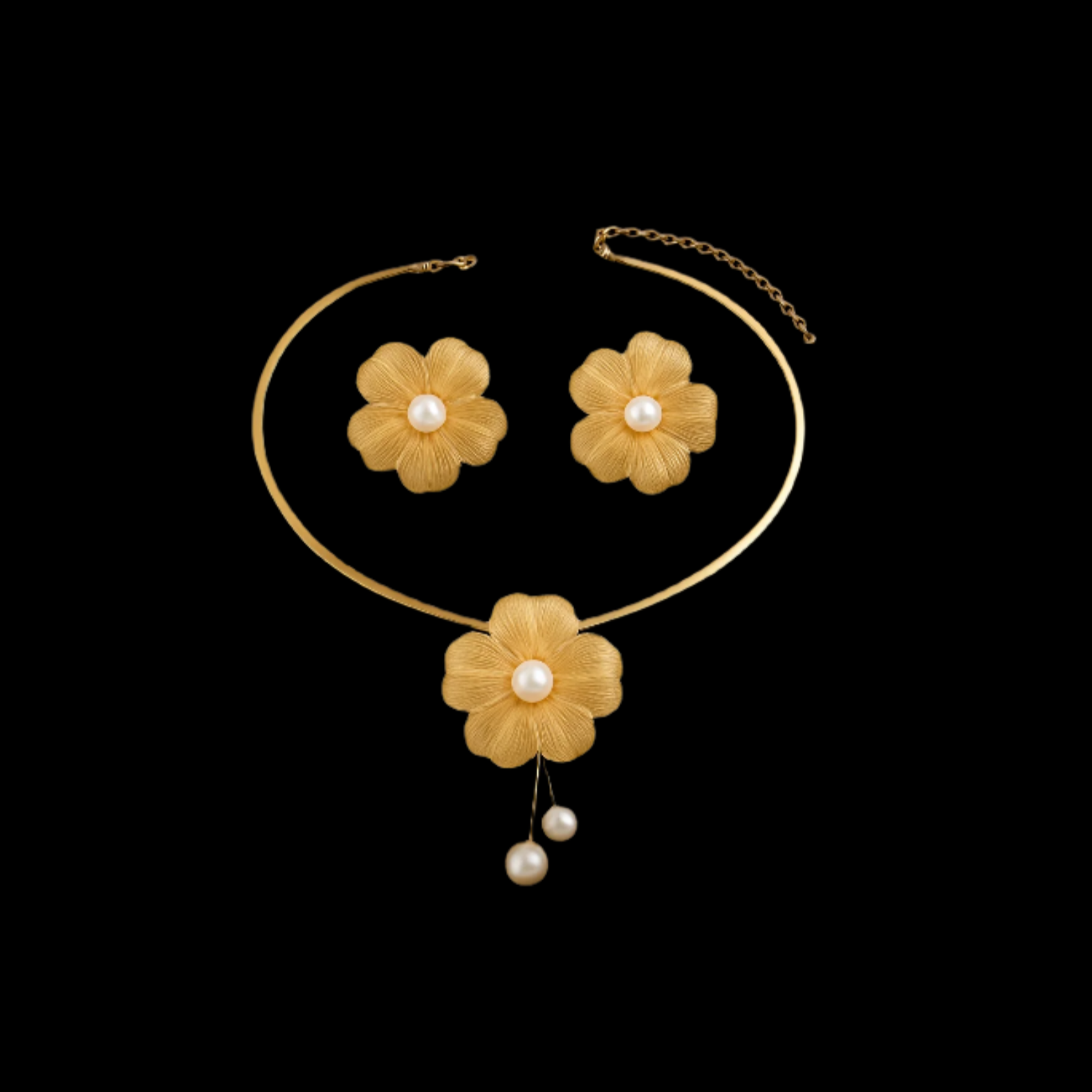 Freshwater Akoya Pearl Gold Flower Jewellery Set - Necklace and Earrings