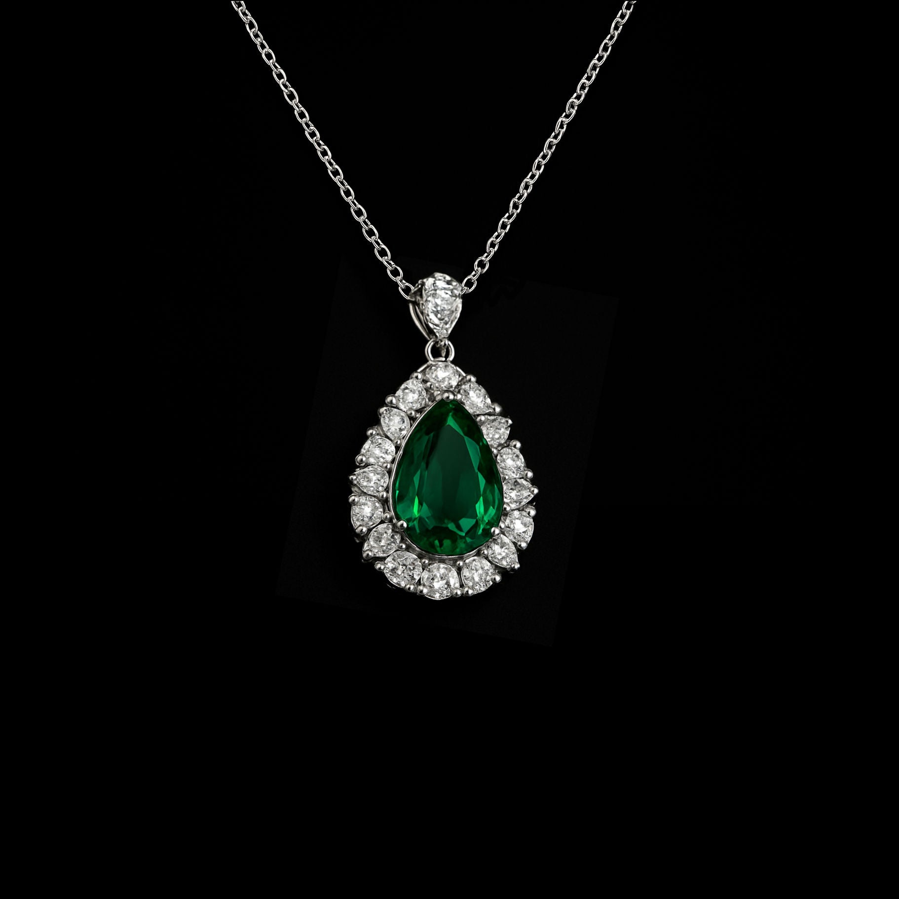 Pear Cut Emerald with Triangle & Round Cut Moissanite Halo Sterling Silver Necklace