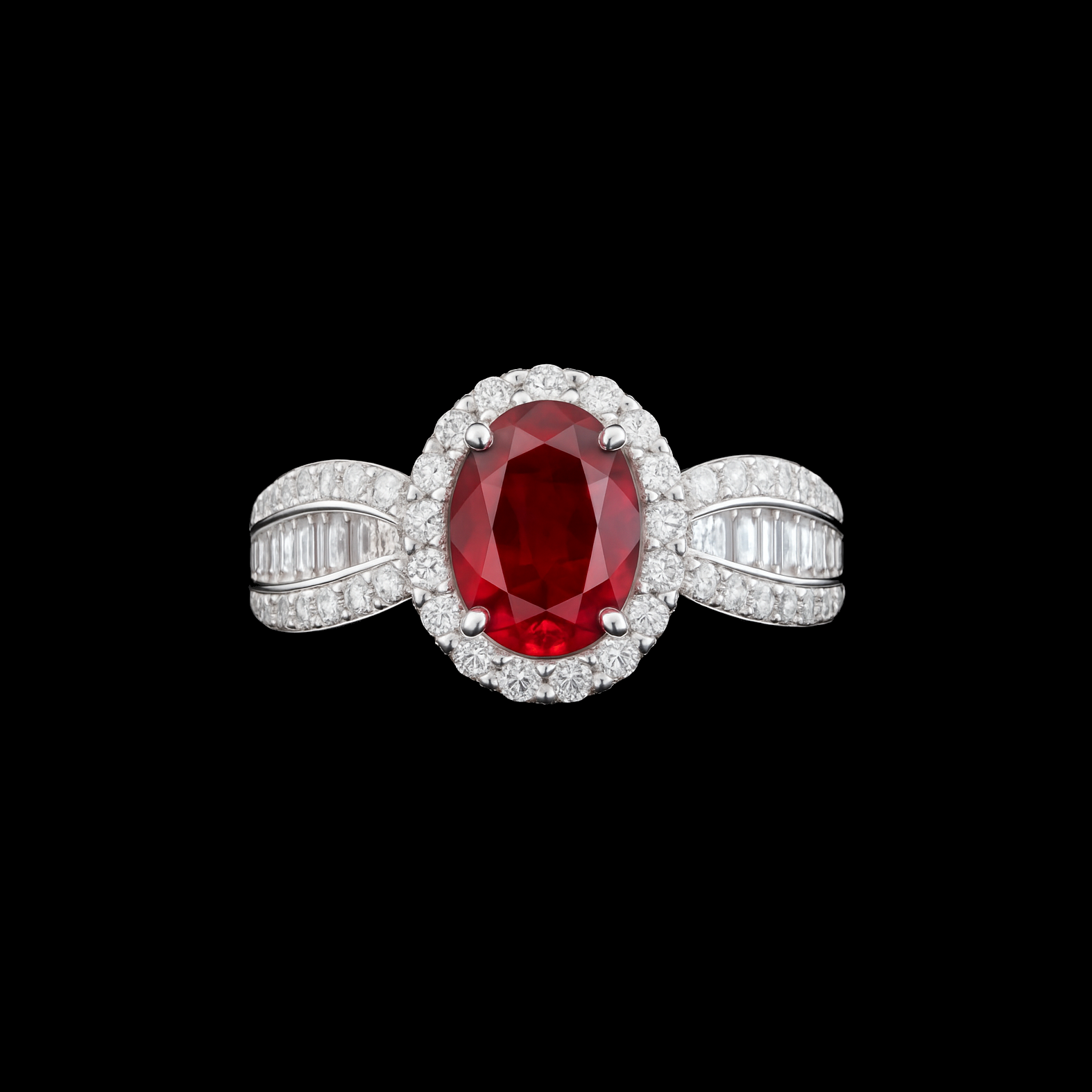 1 Ct Oval Cut Ruby Main Stone with Moissanite Round Cut Halo and Baguette Triple Pave Platinum Rhodium Sterling Silver Engagement Ring