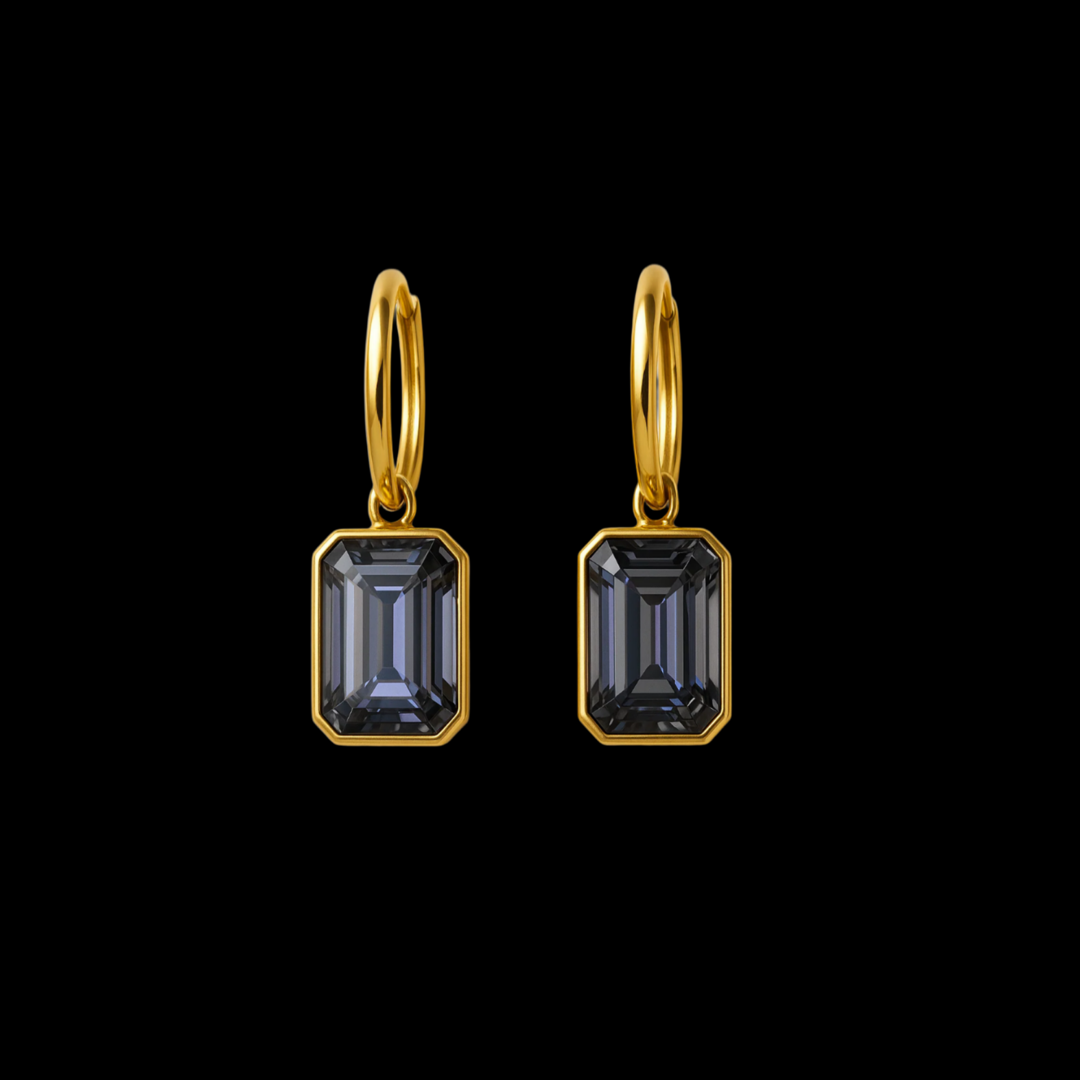 Luxury Gray Emerald Cut Gold Huggie Earrings
