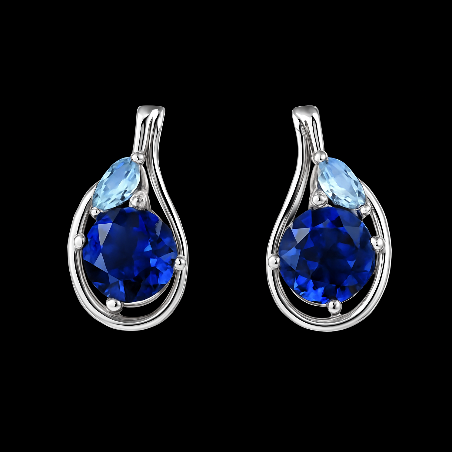 4.6Cts Round Cut Blue Sapphire and Marquise Cut Blue Spinel Sterling Silver Earrings