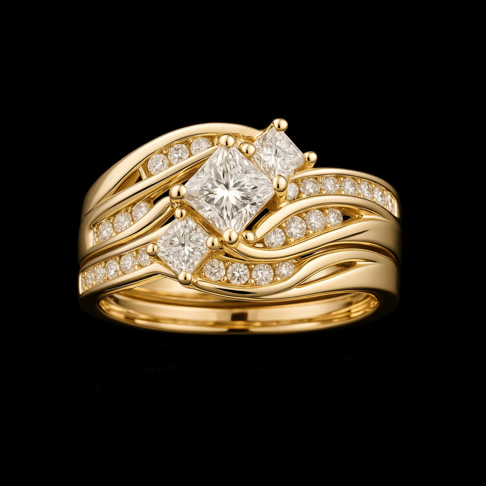Gold Moissanite Princess Cut Tri-Pare Engagement Wedding & Eternity Ring Set