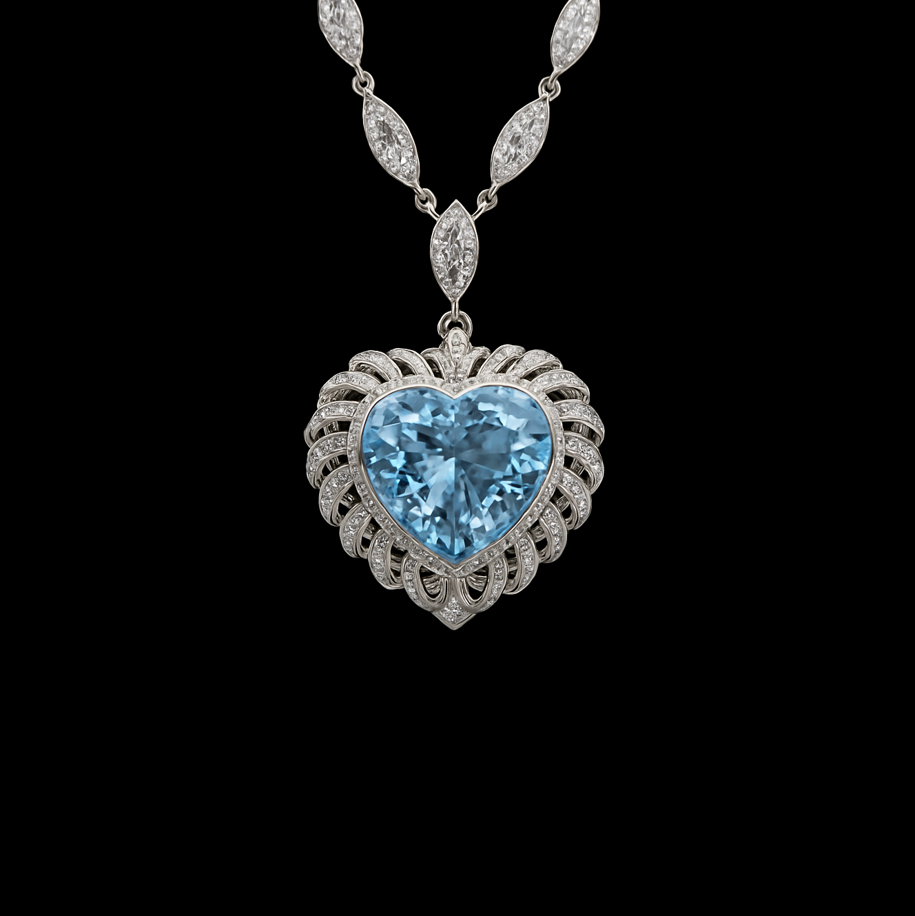 3.5 Ct Heart Cut Sky Blue Topaz with Moissanite Halo Cage and Marquise Cut Sterling Silver Chain