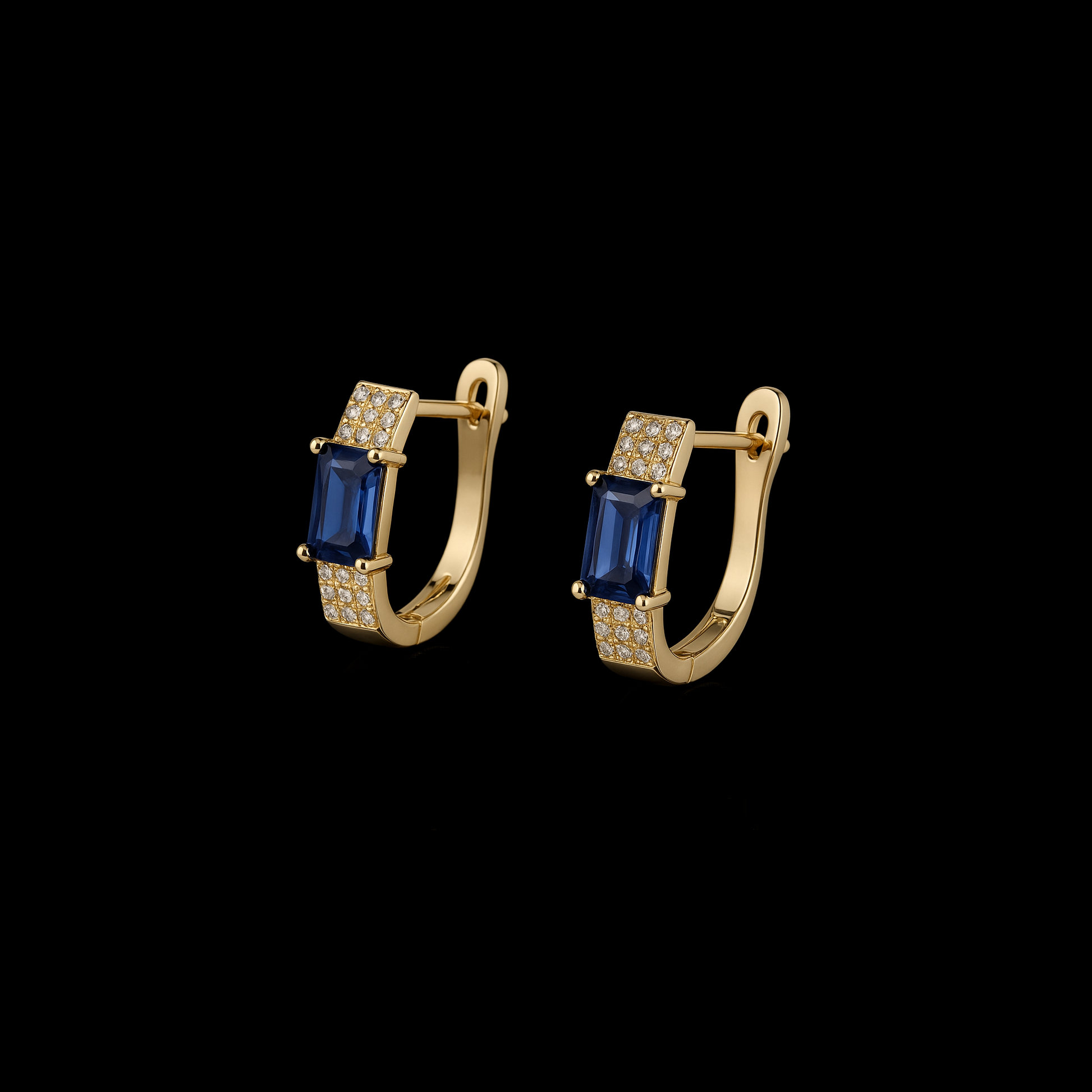 Rectangle Cut Sapphire and Moissanite 14K Gold Rhodium Earrings