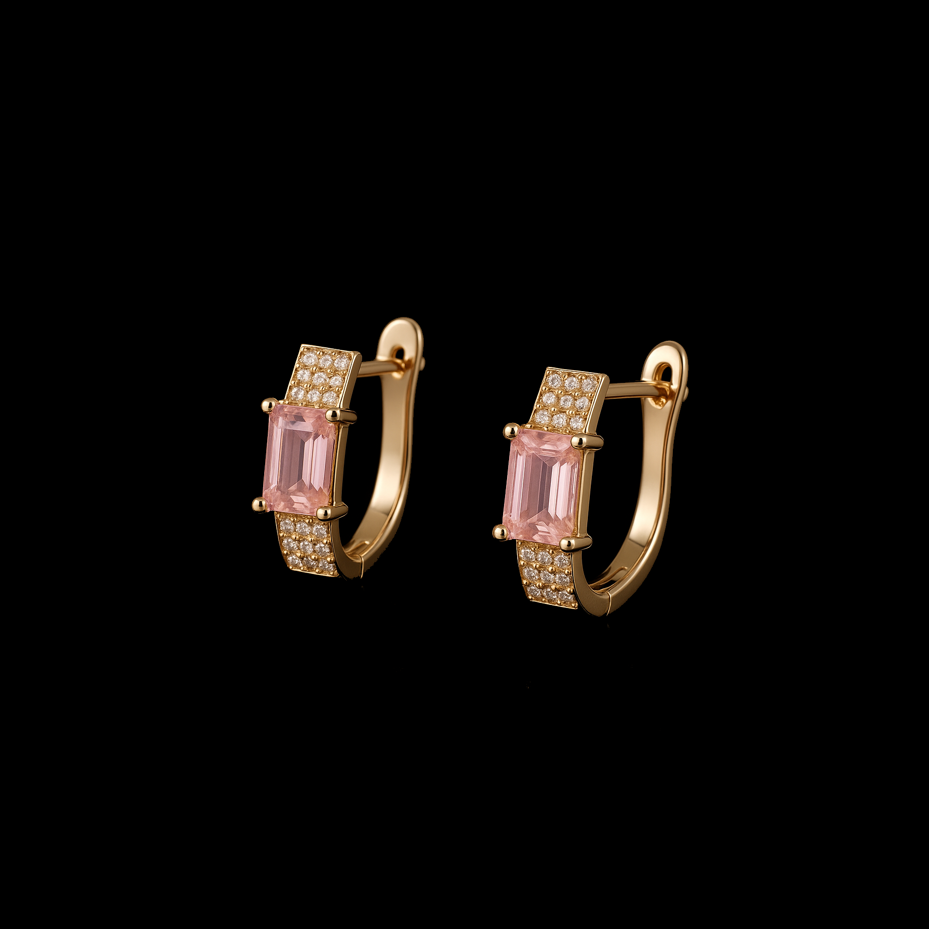Rectangle Cut Pink Topaz and Moissanite 14K Gold Rhodium Earrings