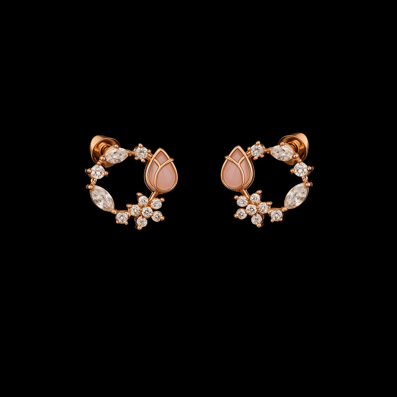Stunning Pink Amethyst Tulip and Moissanite Floral Rose Gold Earrings