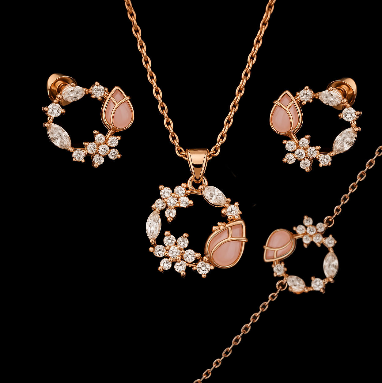 Stunning 3 Piece Pink Amethyst Tulip and Moissanite Floral Rose Gold Set
