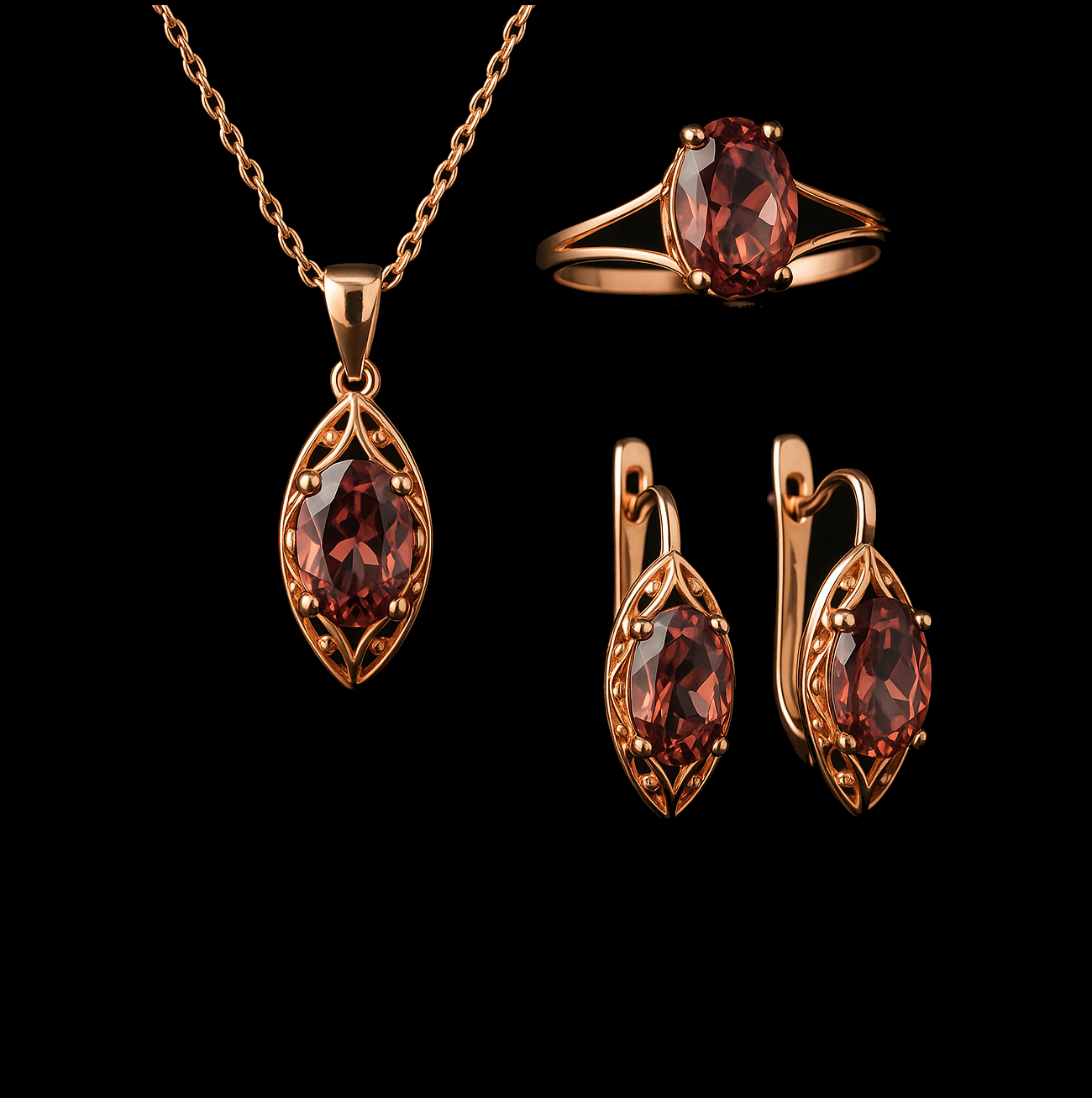 1.5Ct Oval Cut Ruby 14K Rose Gold Rhodium Necklace Earring and Ring Set
