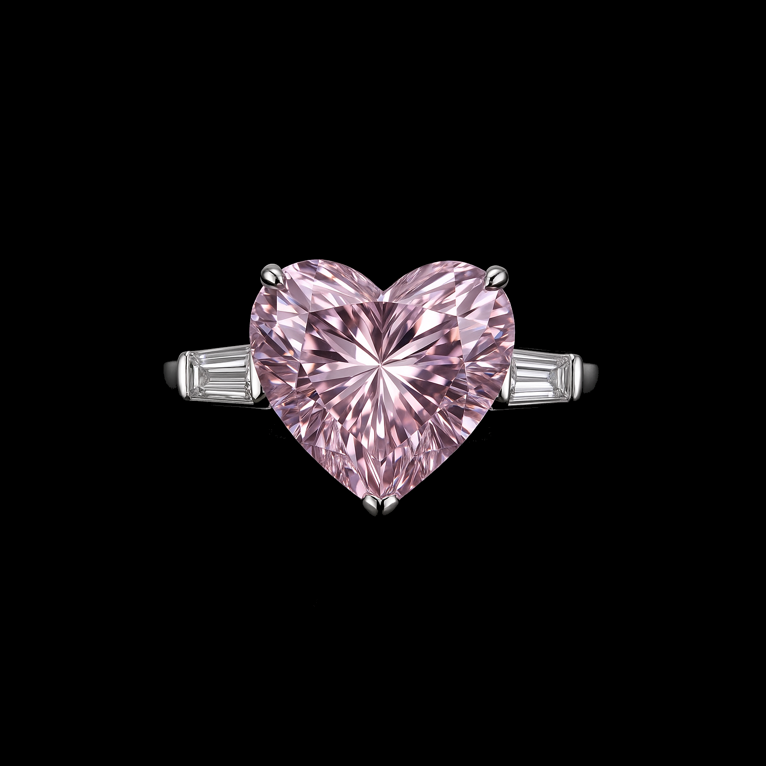 Pink Topaz Heart Cut and Moissanite Diamond Baguette Shoulder Stone Sterling Silver Ring