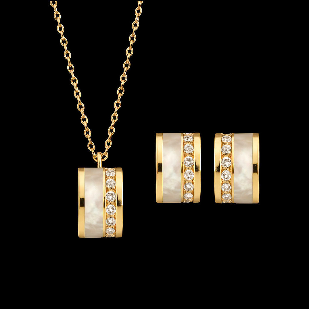 White Enamel and Diamond Inlay Gold Jewellery Set- Necklace and Earrings
