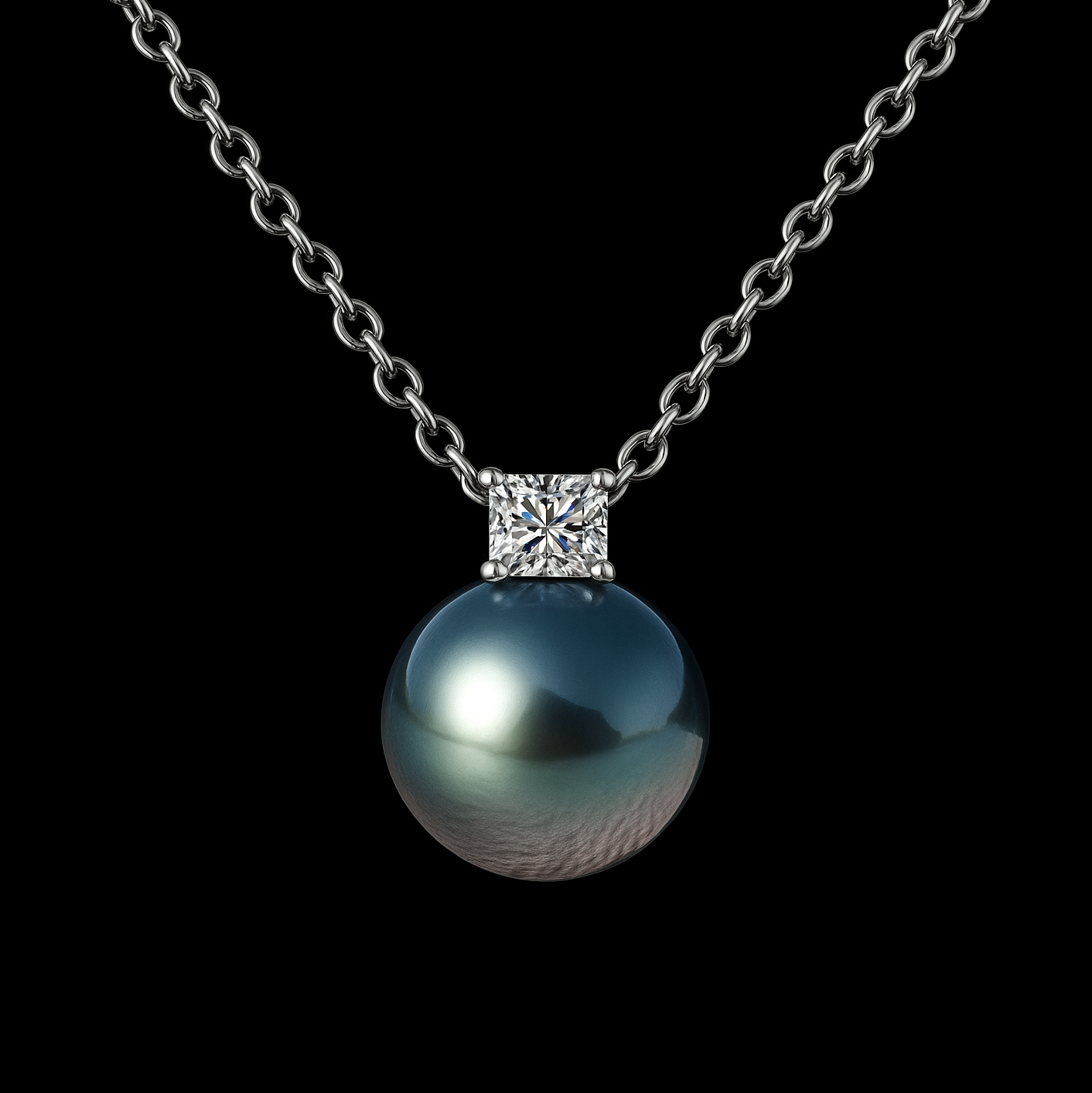 9-10mm Tahitian Black Pearl with 0.3ct Moissanite Diamond Sterling Silver