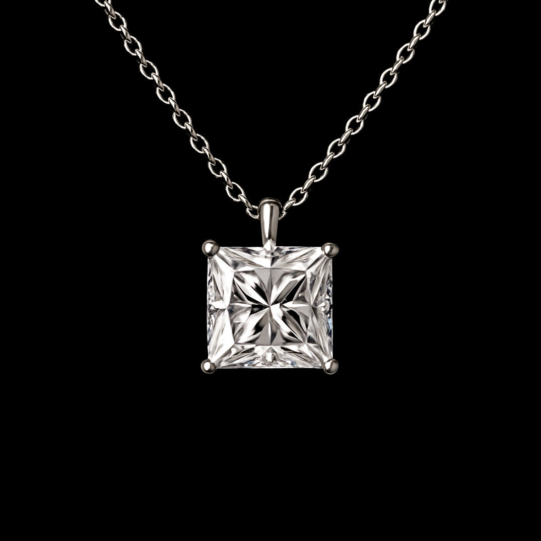 2Ct Princess Cut Moissanite Diamond D Colour VVS1 Grade Pendant 18K White Gold Rhodium Necklace