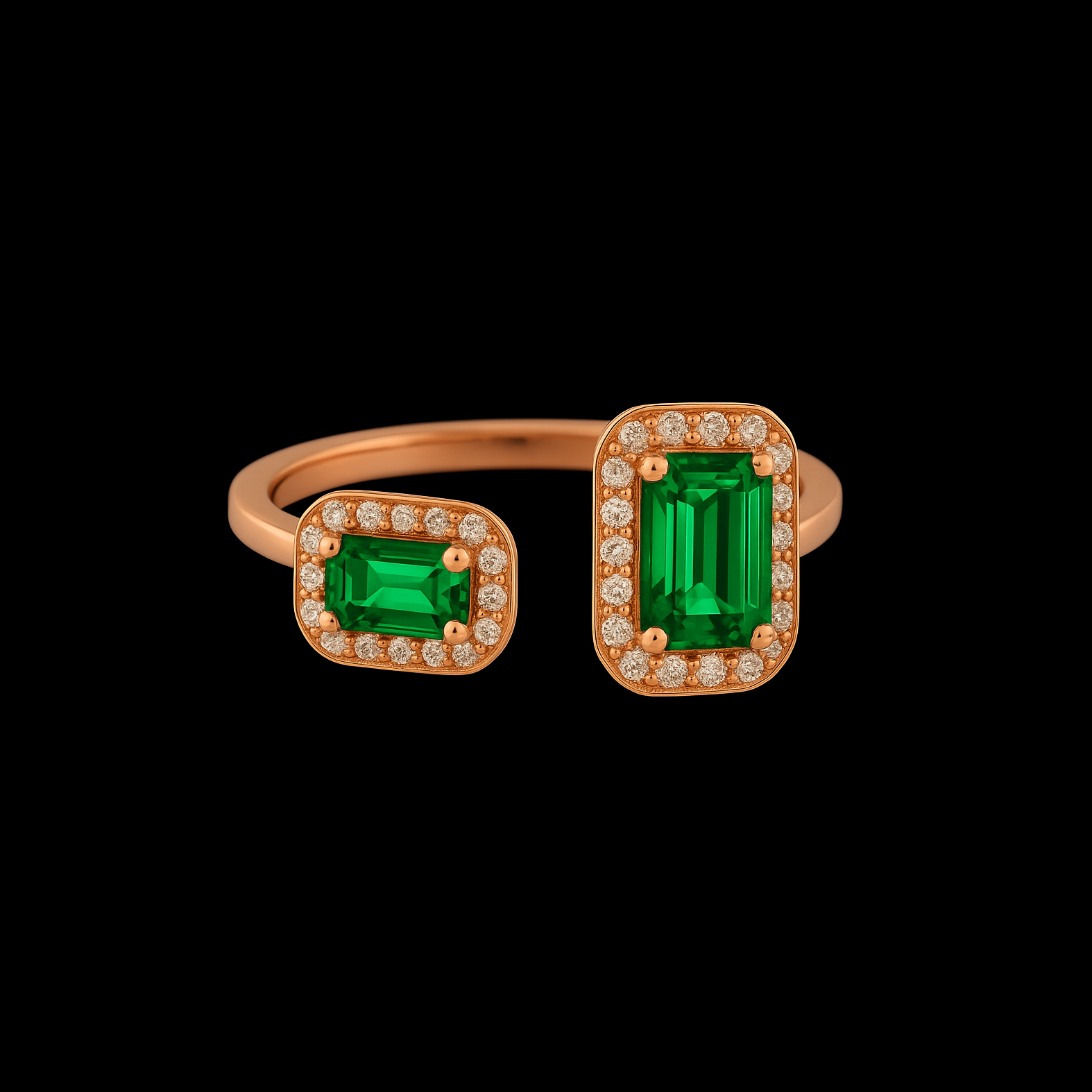 Unique Dual Emerald Moissanite Halo Rose Gold Ring