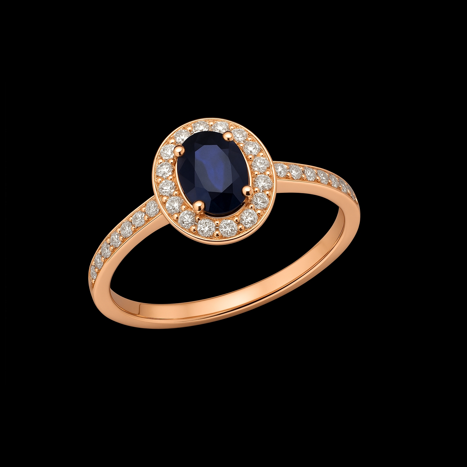 Blue Sapphire Diamond Halo 14K Rose Gold Ring