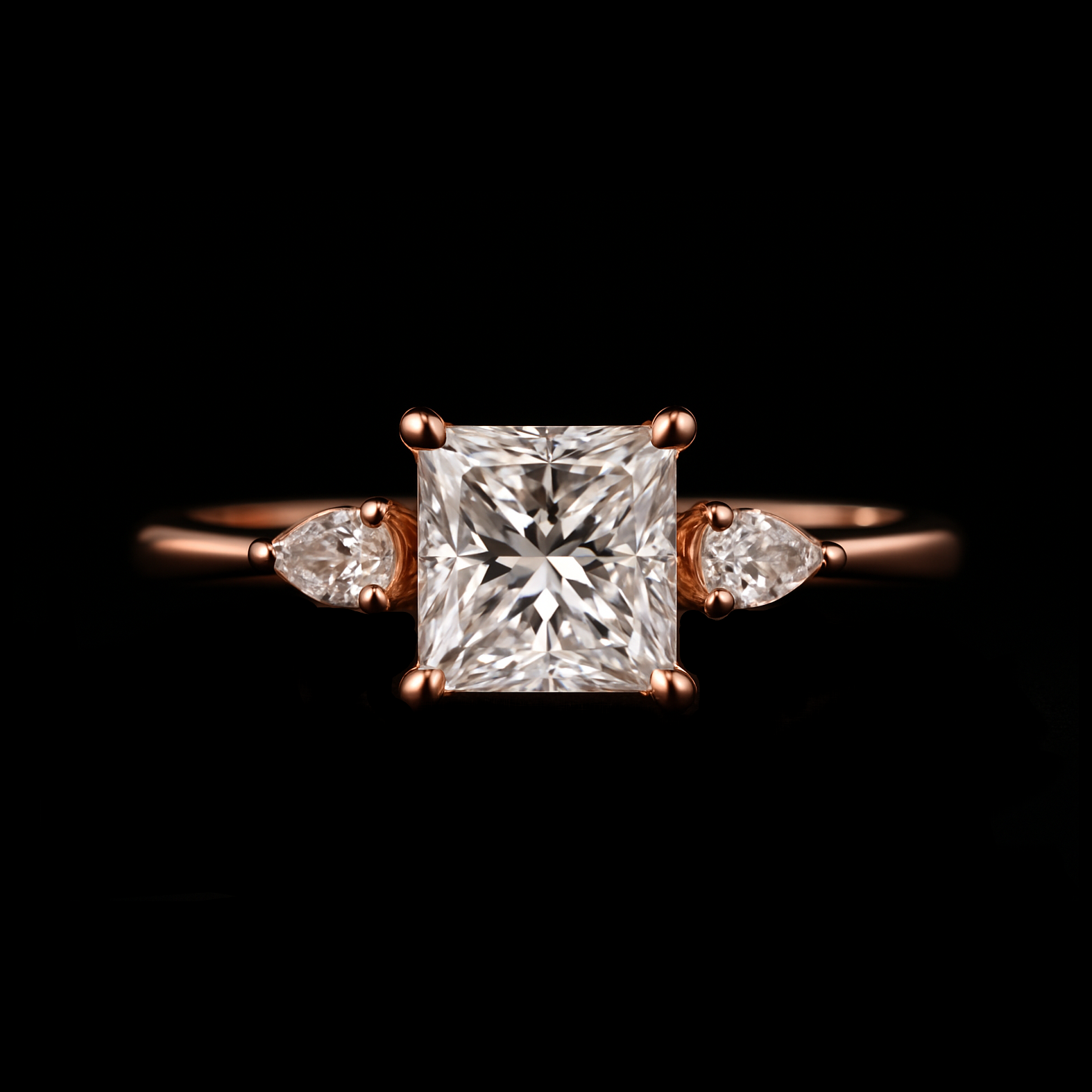 Princess Cut Moissanite Diamond with Pear Cut Shoulder Stones Rose Gold Engagement Ring