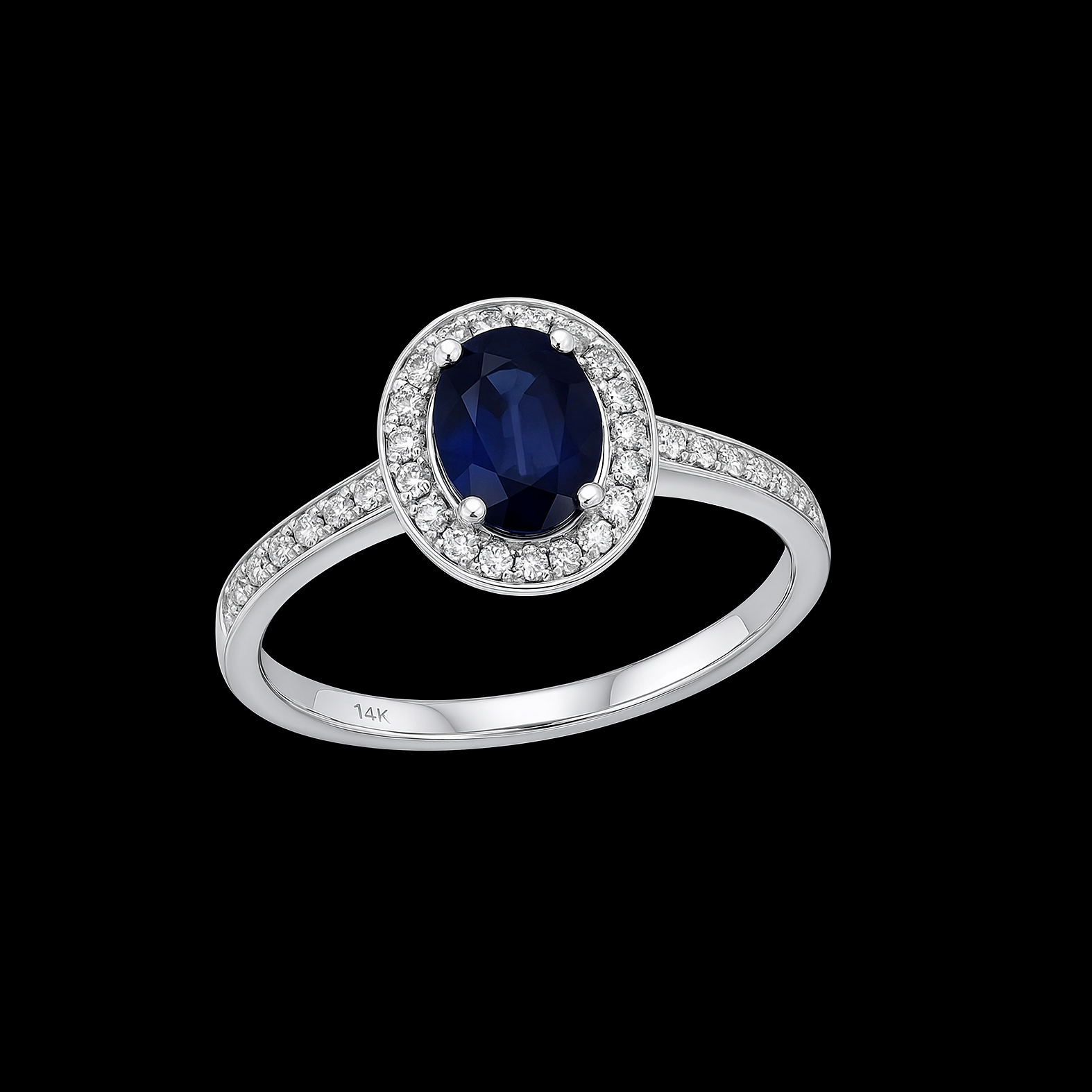 Oval Cut Blue Sapphire and Diamond Halo 14K White Gold Ring