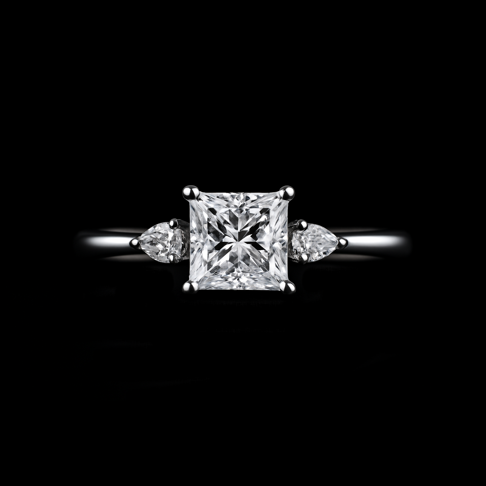 Princess Cut Moissanite Diamond with Pear Cut Shoulder Stones Sterling Silver Engagement Ring