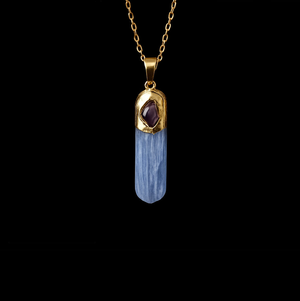 Blue Kyanite Gold Pendant Necklace with Amethyst