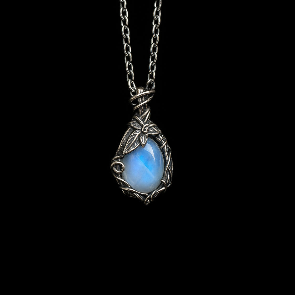 Moonstone Woven Flower Silver Pendant Necklace