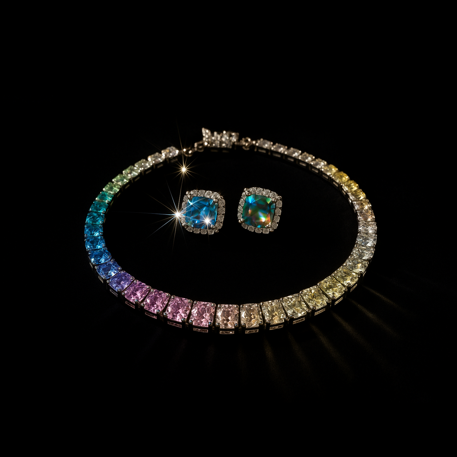 Pastel Rainbow Moissanite Set - Necklace and Earrings