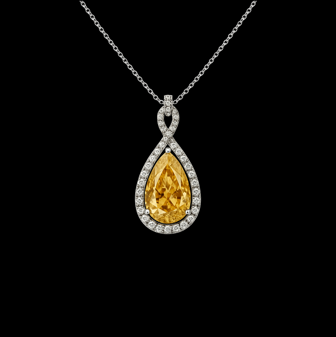 Pear Cut Canary Moissanite Infinity Halo Sterling Silver Necklace