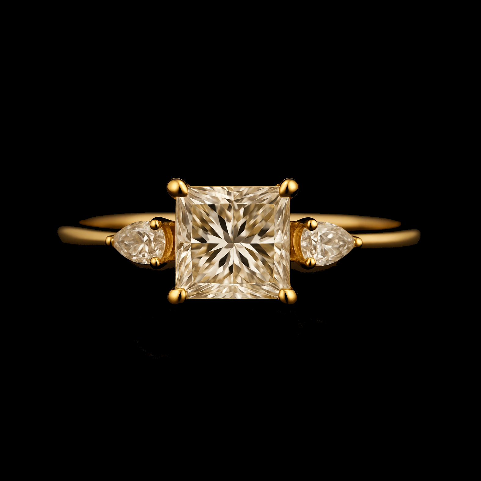Princess Cut Moissanite Diamond with Pear Cut Shoulder Stones Gold Engagement Ring