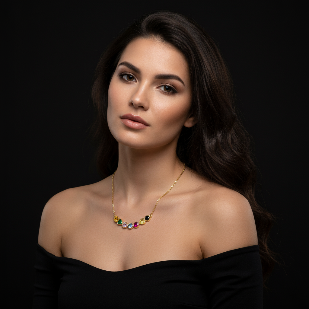 Rainbow Heart and Round Cut Gemstone Gold Necklace