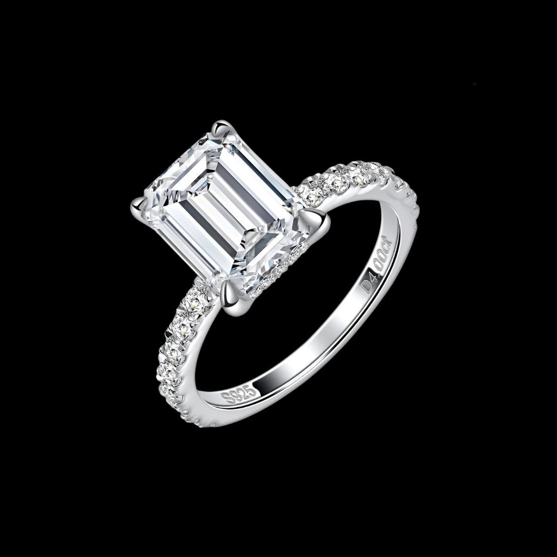 2.5Ct Emerald Cut Moissanite Diamond D VVS1 and Round Cut Channel Sterling Silver Engagement Ring