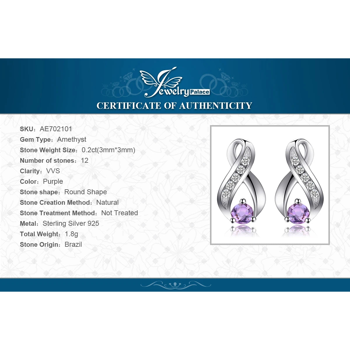 0.2 Ct Round Cut Amethyst Moissanite Diamond Inlay Ribbon Design Sterling Silver Earring