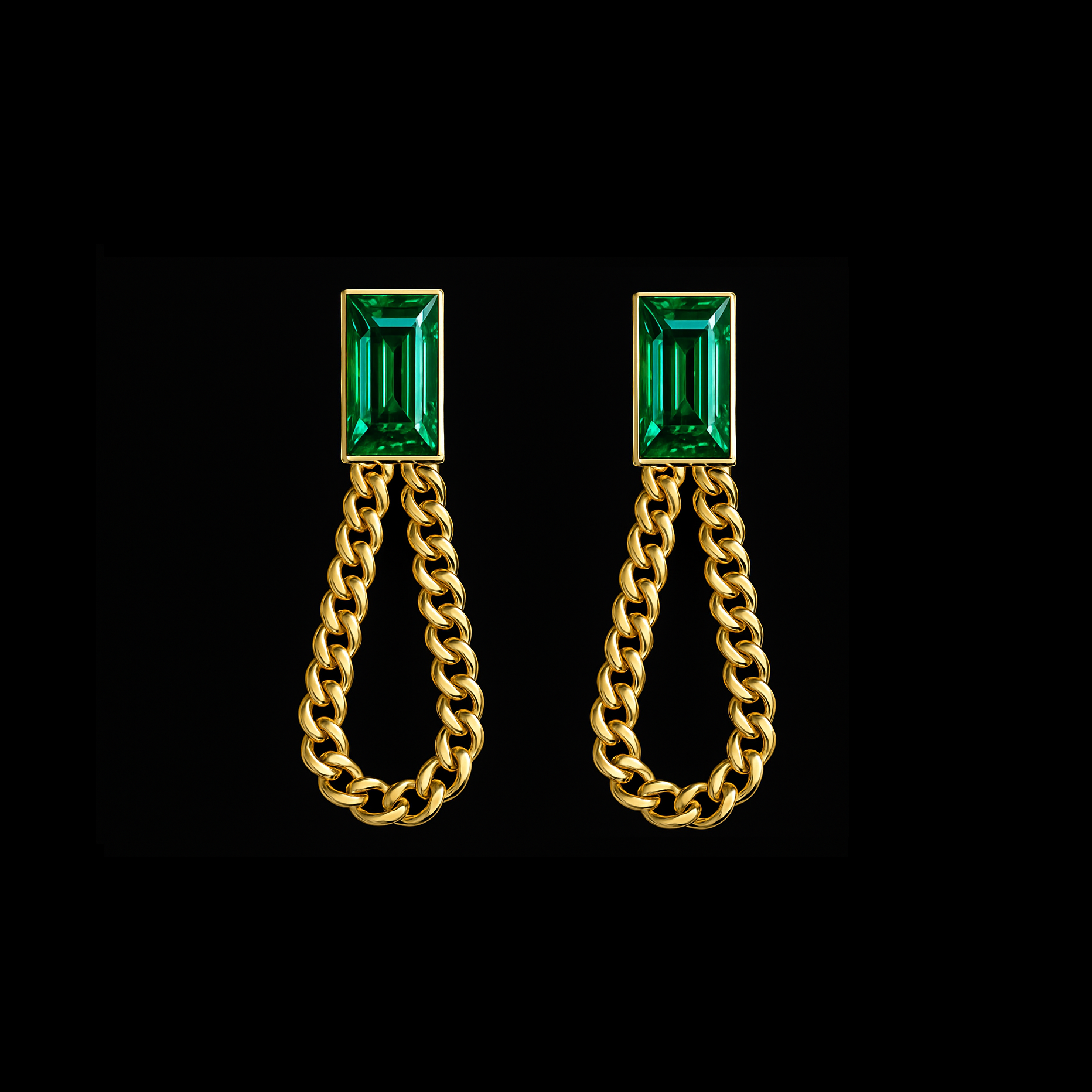 Emerald Cut 18K Gold Curb Chain Set