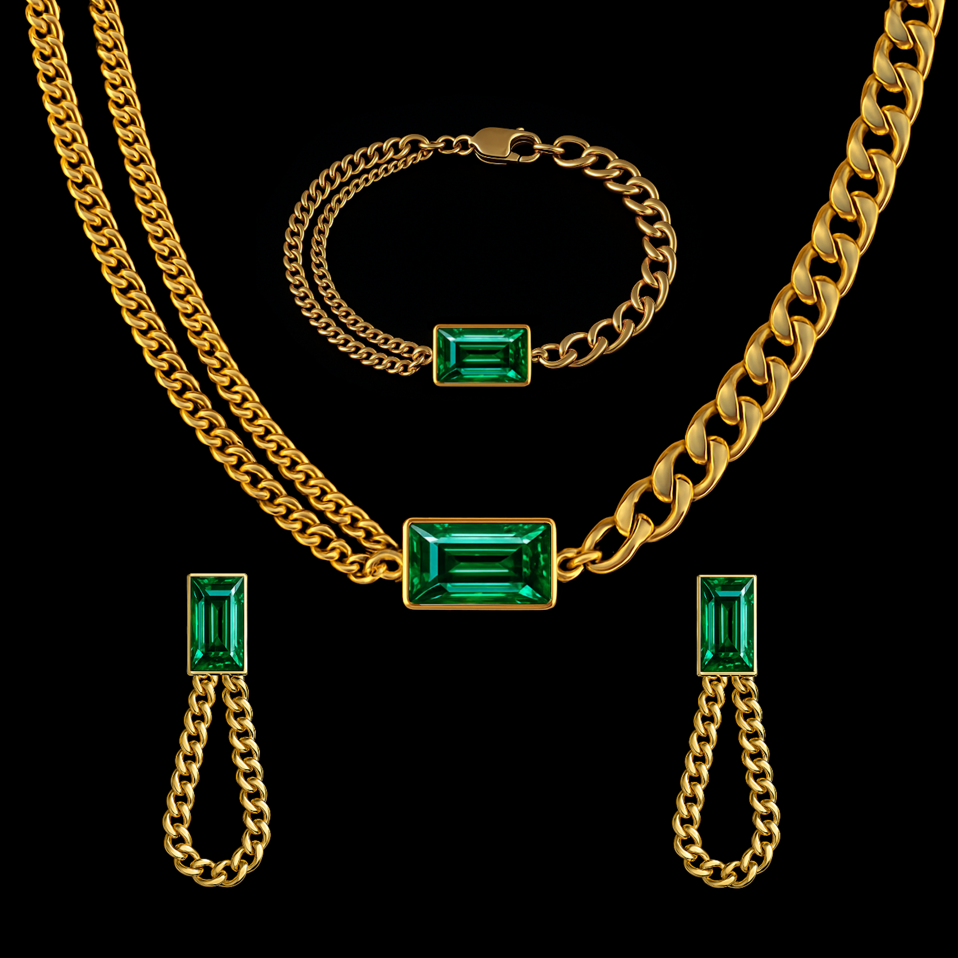 Emerald Cut 18K Gold Curb Chain Set