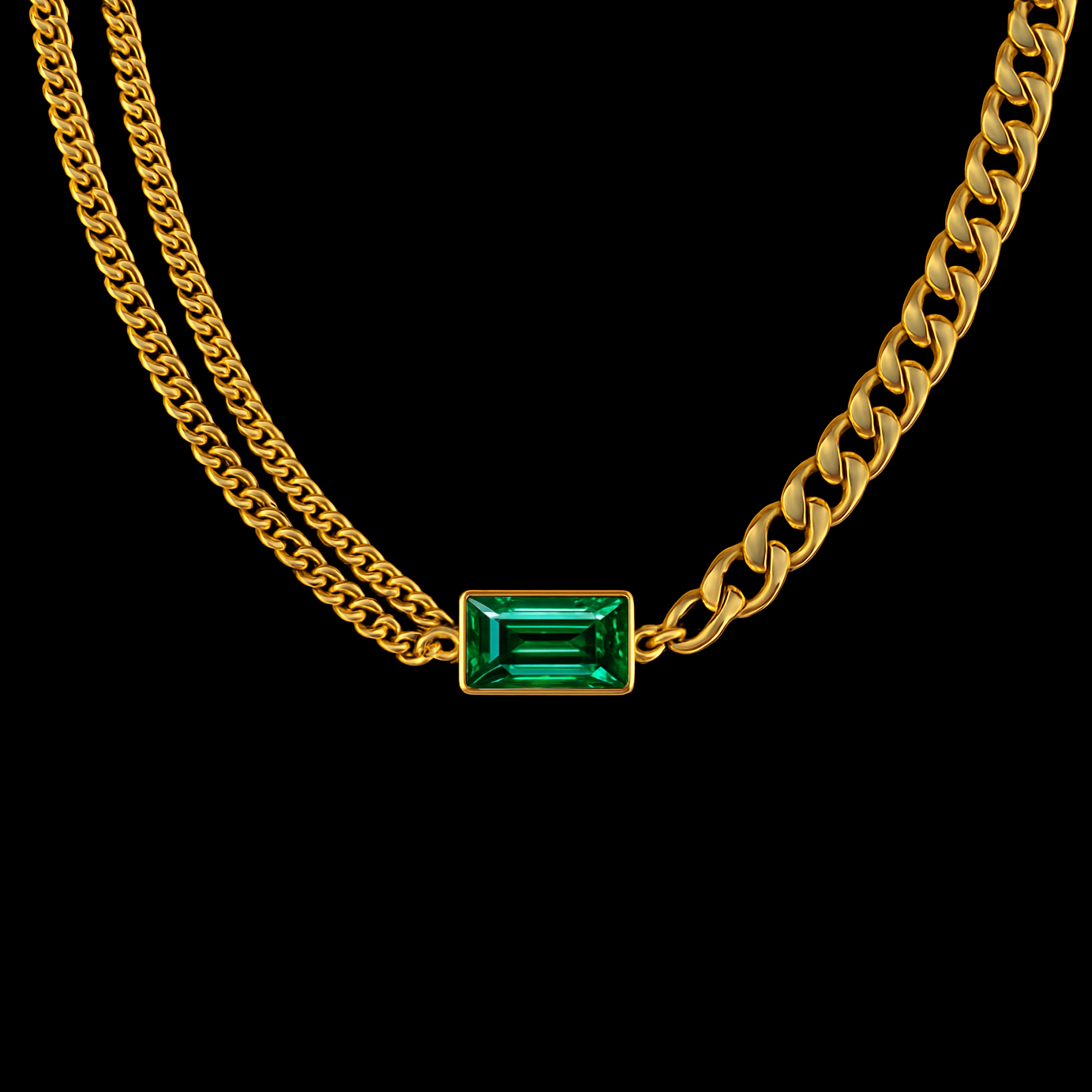 Emerald Cut 18K Gold Curb Chain Set